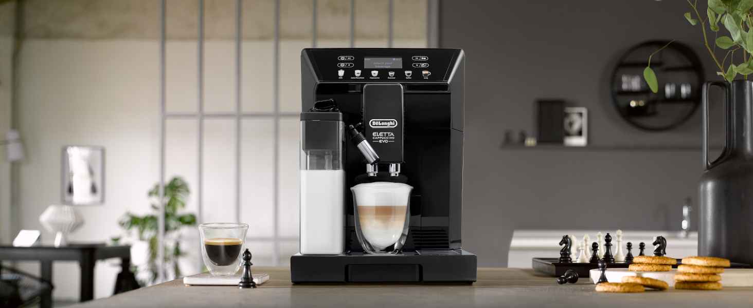 Кофемашина с системой подачи молока LatteCrema на 2 чашки, черная Eletta Evo De'Longhi